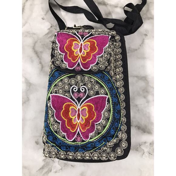 Black Embroidered Fabric Phone Wallet Crossbody Pink Flowers 8"X5" DETACH STRAPS - Picture 1 of 5